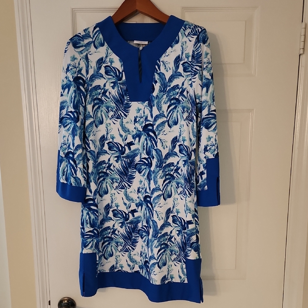 Cabana Life Blue Tunic Dress with V-Neck Cuffed Sleeves and 3/4 Length